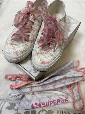 Superga White Canvas Sneakers with Pink Floral Print and Sheer Pink Ribbon Laces